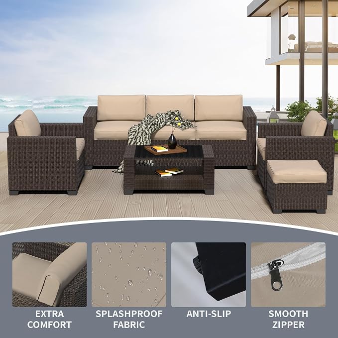 YLGJ&TIDY 7 PCS Outdoor Patio Wicker Furniture Set Sofa with Coffee Table | All Weather Rattan Woven Patio Conversation Set with Khaki Thicken Cushion and Tempered Glass Table for Garden Backyard