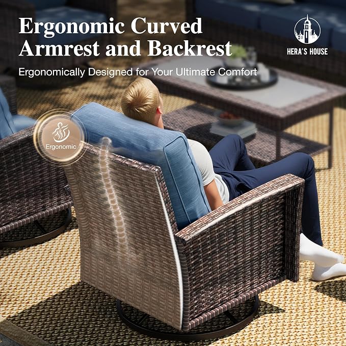 HERA'S HOUSE Outdoor Swivel Chairs Set of 2 with 5.5" Thick Cushions, High Back Patio Furniture, Oversized Wicker Rattan Chairs for Deck Balcony Backyard, Blue