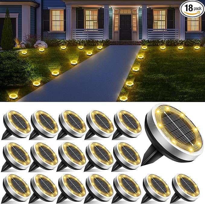 Solar Lights Outdoor Waterproof, 18 Pack 8 LED, Thickened Stainless Steel Ground Light, Solar Garden Lights Landscape Lighting for Patio Pathway Lawn Yard Deck Driveway Walkway, Warm White