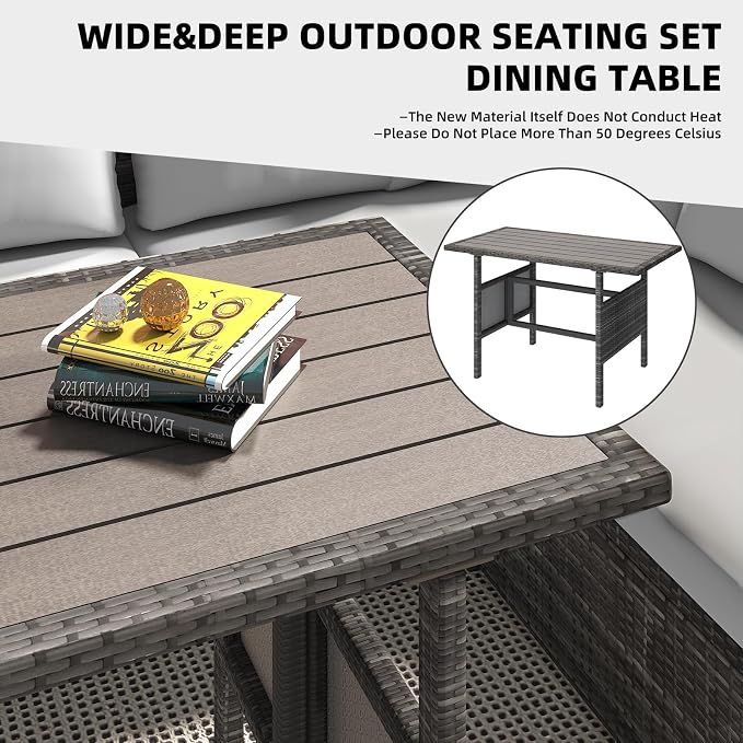 AECOJOY Outdoor Patio Furniture Set with Waterproof Cover, 7 Pieces Clearance Sectional Rattan Dining Table&Chairs, All Weather Wicker Conversation Sofa Couch, Light Grey Cushions&Grey Rattan