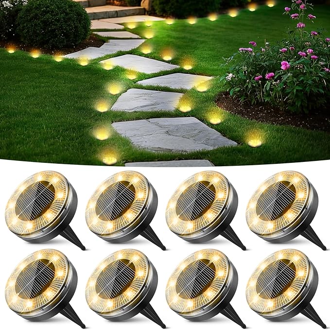 Mini Solar Ground Lights, 8 Pack Flat Solar Disc Lights Outdoor Waterproof, 2.3 Inch Small Solar Garden Lights Landscape Lighting for Outside Pathway Garden Yard Lawn Walkway,Warm White