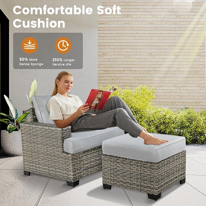 CAODOC Patio Furniture Sets 7 Pieces Outdoor Sectional Rattan Sofa Manual Weaving Wicker Patio Conversation Set with Ottomans and T Cushion(Grey)