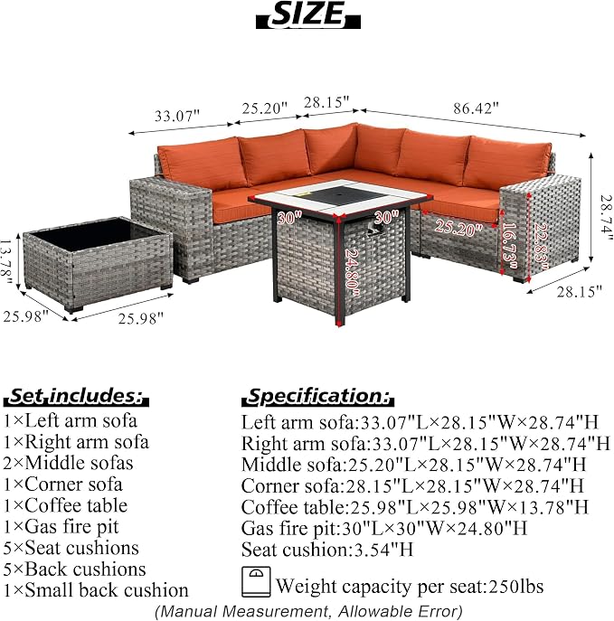 HOOOWOOO Modular Patio Outdoor Sectional Furniture Set with Gas Propane Fire Pit Table,7 Piece Wicker Conversation Sofa Set,Out Door Couch Set with Wide Arm Outside(Beige)