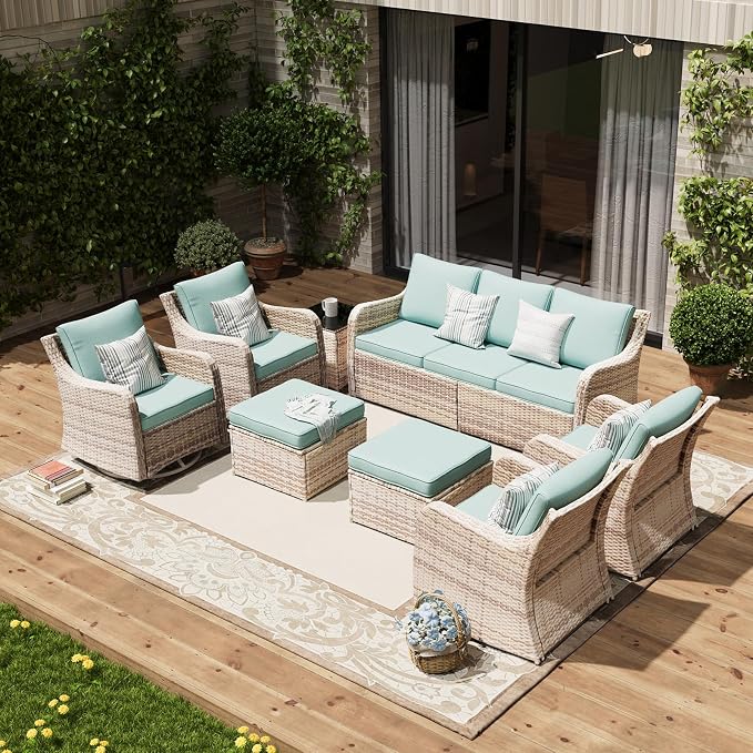 MEISSALIVVE 8 Pieces Patio Furniture Set with Swivel Chair, Wicker Patio Sofa, Rattan Conversation Set with Three-seat Sofa, 2 Fixed Single Chair for Lawn Backyard (Blue)