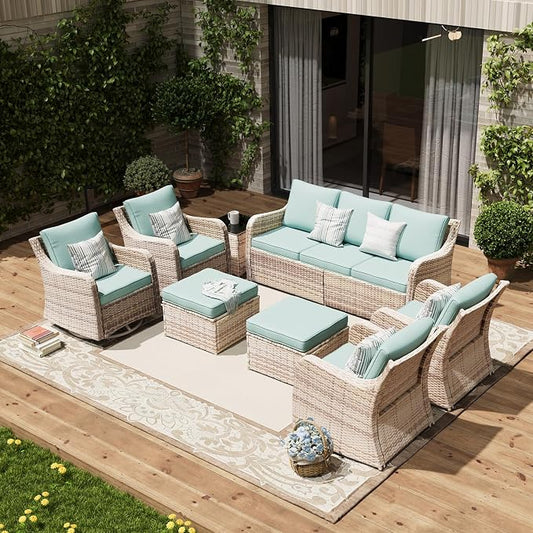 MEISSALIVVE 8 Pieces Patio Furniture Set with Swivel Chair, Wicker Patio Sofa, Rattan Conversation Set with Three-seat Sofa, 2 Fixed Single Chair for Lawn Backyard (Blue)