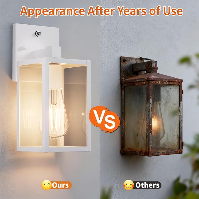 White Dusk to Dawn Outdoor Porch Lighting Fixtures Wall Mount, Sensor Exterior Wall Light for House, Ouside Lantern Lamp, Waterproof Wall Sconce Lights, Metal Coach Light for Garage Entryway