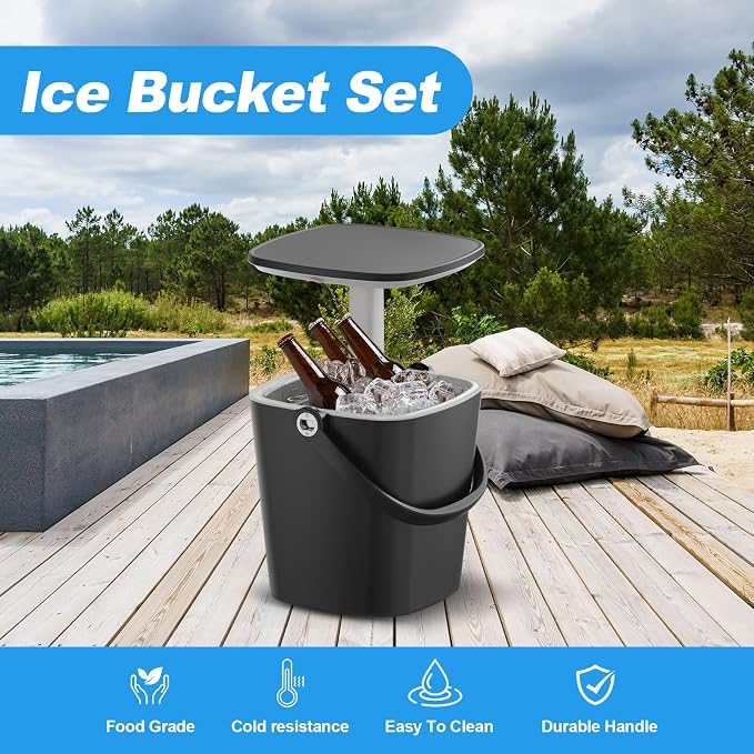 EasyUp Outdoor Cooler Side Table, Portable Ice Cooler Table with Table Top, Outdoor Ice Cool Bar, Lift Top Lid, Durable Handle, Cold Resistance, for Patio, Pool, Camping (Black)