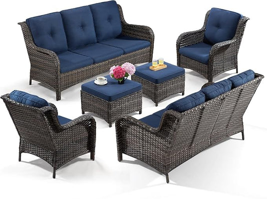 Outdoor Wicker Couch Set 6 Pieces - Outdoor Wicker Patio Furniture Set with 2 Armchairs, 2 Couch and 2 Ottomans, Olefin Cushions Included(Mixed Grey/Blue)