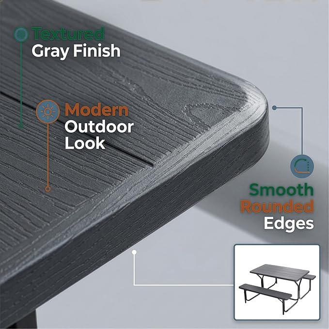 Gray Outdoor Picnic Table Set with Benches, Woodgrain Plastic Patio Dining Table with Metal Frame, Weather-Resistant Picnic Bench Table for Backyard, Patio, Garden, Park, Seats 6