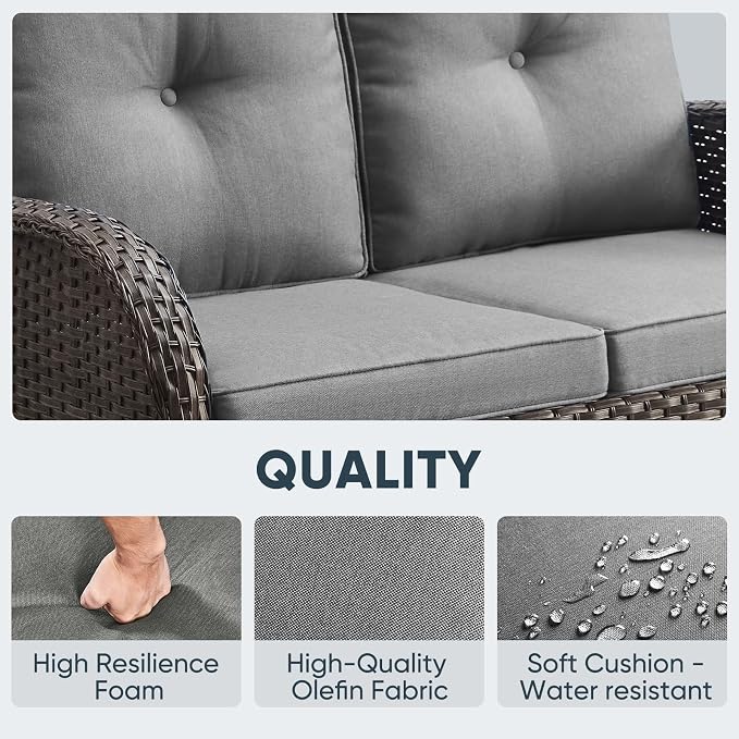 Belord 5 Piece Wicker Patio Furniture Set - Outdoor Conversation Sets with Deep Seating Swivel Rocker Chairs Loveseat and Rattan Coffee Table for Deck Backyard, Brown Wicker/Grey Cushion