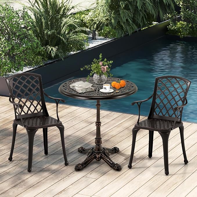 Tangkula 27" Round Cast Aluminum Patio Bistro Table, Weather Resistant Outdoor Dining Table with Hollow Top & Cross Base, Accent Table for Backyard, Garden, Porch, Copper