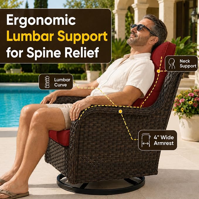 HUMMUH 3-Piece Swivel Rocking Rattan Chair Outdoor, Patio Bistro Furniture Conversation Set, Cushioned Wicker Chair with Glass Coffee Table