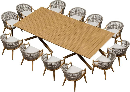 PURPLE LEAF 14 Pieces Outdoor Dining Set All Weather Wicker Patio Dining Set with Rectangular Aluminum Table and Modern Armrest Dining Chairs for Garden Deck Backyard Kitchen, Teak