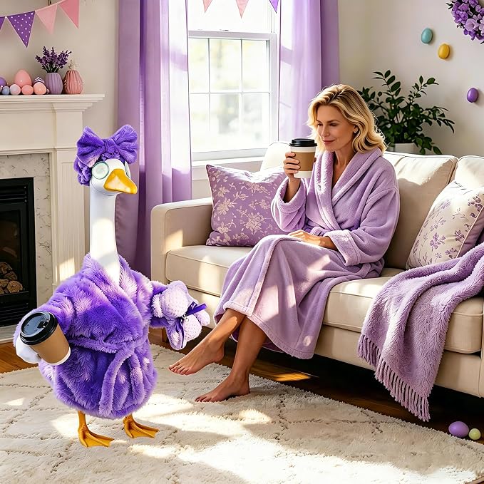 Celltestria Lady Goose Outfits for 23" Geese Purple Bathrobe Porch Goose Costume Coffee Cup Bear Cucumber Eye Mask Goose Clothes for Outdoor Patio Yard Lawn Garden Decoration