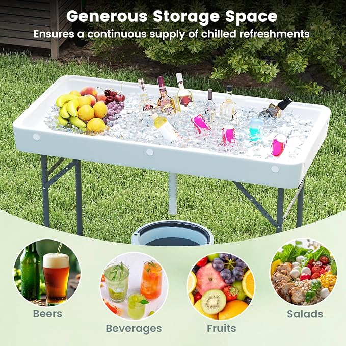 S AFSTAR Folding Ice Table, Ice Cooler with Matching Skirt, Drain Plug, Hose & Foldable Bucket, Portable Bin Table for Picnic, Tailgate Party, Wedding, Camping