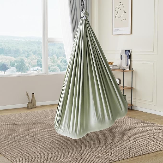 GarveeLife Dual-Layer Cotton Therapy Sensory Hammock Swing for Kids & Adults, Calming Compression, 360° Swivel, Heavy Duty Indoor Outdoor Cuddle Swing, 300 lbs Capacity, Bean Green