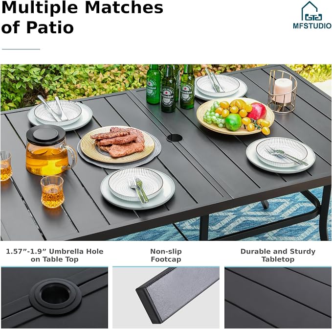 MFSTUDIO Outdoor Dining Set for 6, Patio Furniture Set with Orange Red Umbrella (Base not Included), Outdoor Rectangle Metal Table and 6 Padded Navy Sling Chairs Set for Patio, Deck, Backyard, Garden
