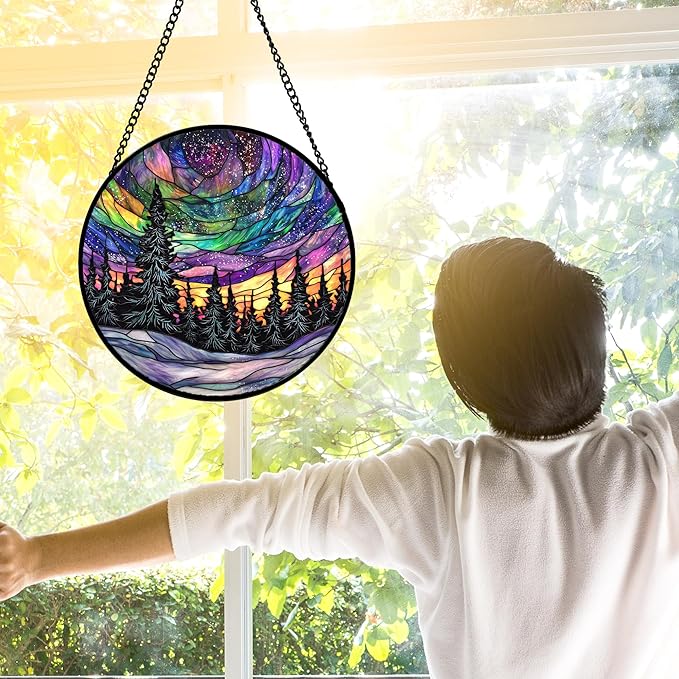 DASTOLL Stained Glass Window Hanging, Van Gogh Night Scene Sun Catchers Colorful Glass Panel Starry Sky Suncatcher Decor for Birthday for Women, Men, Wife, Aunt, and Mom 11.8x11.8 in