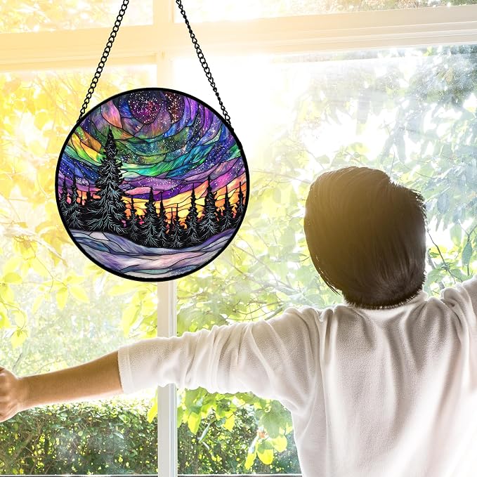 DASTOLL Stained Glass Window Hanging, Van Gogh Night Scene Sun Catchers Colorful Glass Panel Starry Sky Suncatcher Decor for Birthday for Women, Men, Wife, Aunt, and Mom 9.8 in