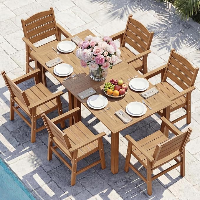 YEFU HIPS Patio Dining Sets: 8-Piece All-Weather Outdoor Table and Chairs with Aluminum Frame & Wood Grain Tabletop - Low-Maintenance Patio Dining Set for 6 Modern Furniture for Family with Deck Teak