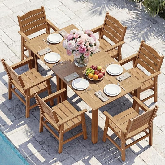 YEFU HIPS Patio Dining Sets: 8-Piece All-Weather Outdoor Table and Chairs with Aluminum Frame & Wood Grain Tabletop - Low-Maintenance Patio Dining Set for 6 Modern Furniture for Family with Deck Teak