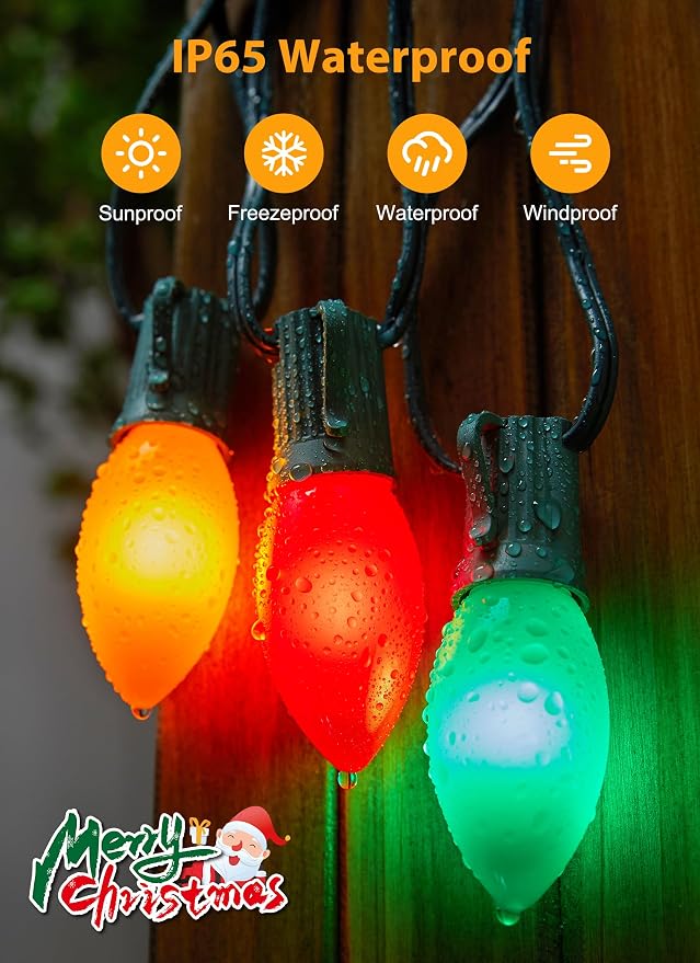 Vintage C9 Christmas Lights Outdoor, 50Ft 25 LED Multicolor String Lights | Waterproof Shatterproof Connectable Christmas Tree Lights for House Outside Roofline Patio Yard Home Xmas Decorations
