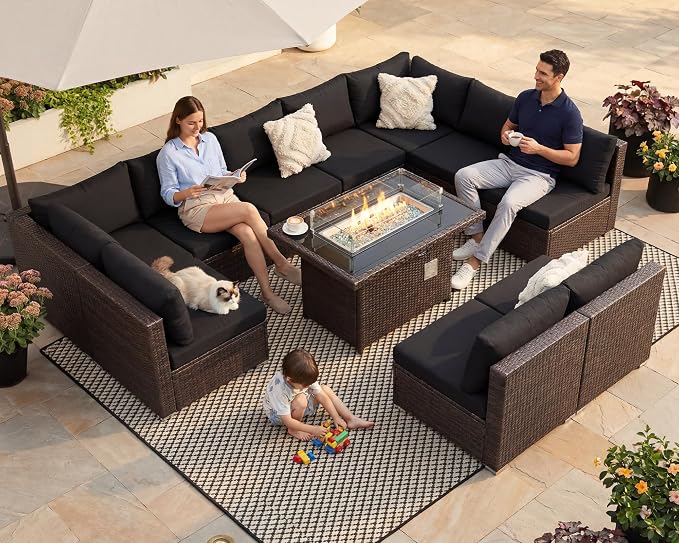 NICESOUL 11 Piece Outdoor Furniture Set with Firepit, High Weight Capacity 10-Seater Patio Sectional, 29.3'' High-Back Backyard Seating, All-Weather Rattan Couch Sets for Outside, Deck, Brown & Black