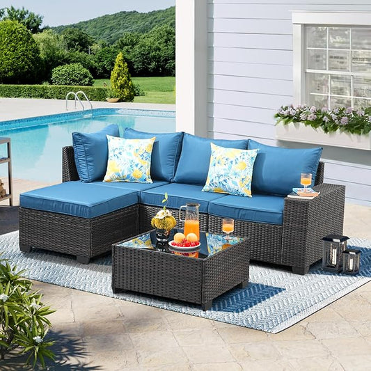 5-Piece Outdoor Patio Furniture Set, Modular Wicker Sectional Sofa with Thick Cushions & Coffee Table, All-Weather Rattan Conversation Set for Backyard, Porch, Poolside, Peacock