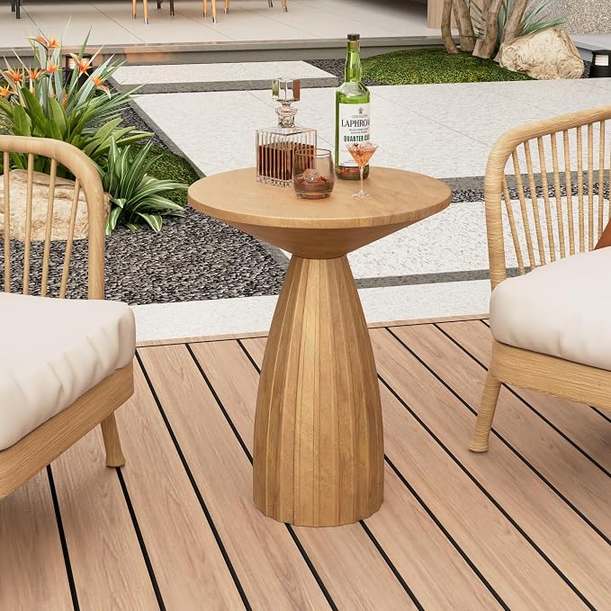 Metal Small Patio Table Set of 2, Round Outdoor Side Table, Wood Color Outdoor Accent Patio End Table, for Garden, Pool, Deck, Balcony, Yard, Living Room, Weather Resistant, No Assembly