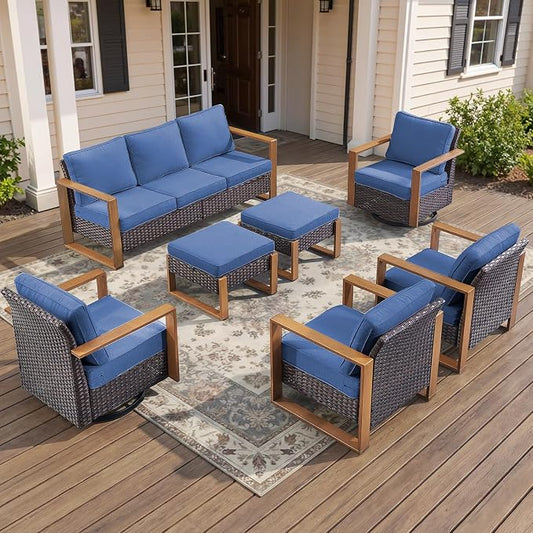 7-Piece Outdoor Patio Furniture Set with Swivel Chairs & Rattan Chairs, All-Weather Wicker Sofa Set for Garden, Yard, Porch and Poolside Seating Blue
