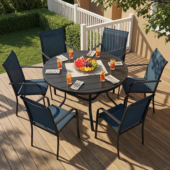 SUNCROWN 7 - Piece Outdoor Dining Set, Patio Furniture Set with 6 x Textilene Dinning Chairs and 53" Metal Round Table with Umbrella Hole for Lawn Garden Backyard Deck, Blue
