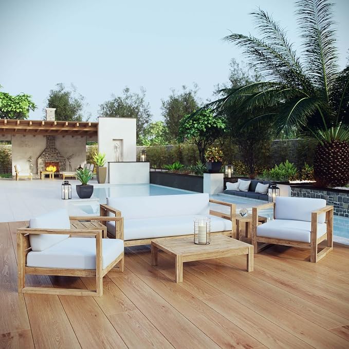 Modway Upland Teak Wood Outdoor Patio 6-Piece Sectional Sofa Set with Cushions in Natural White