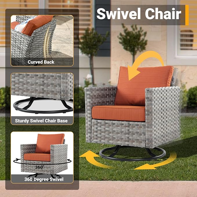CAODOC 16 Pieces Patio Furniture Conversation Set with 42" Fire Pit Table Rocking Chair Outdoor Sectional Gray Wicker Sofa Set