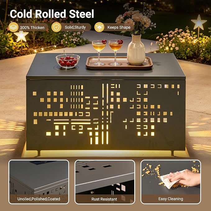 HOOOWOOO Outdoor Patio Solar Table with Umbrella Hole,Metal Coffee Side End Table,Umbrella Table with 2" Hole for Yard,Deck,Porch,Garden(Square Charcoal Gray)