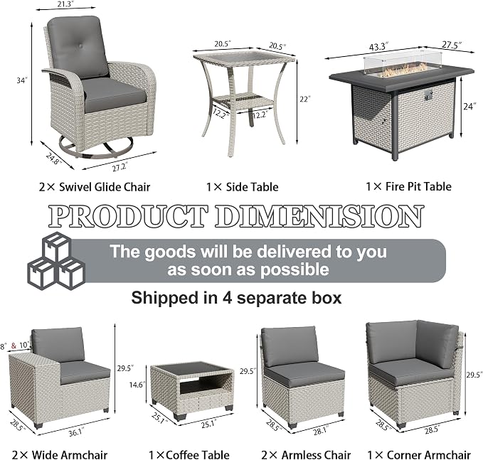 10-Piece Outdoor Patio Furniture Set, Modular Sectional Sofa Set with Swivel Rocker Chairs & Fire Pit, Wicker Outdoor Couch Conversation Sets w/Coffee Table and Cushions, Gray