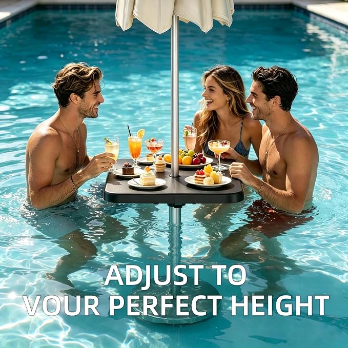 Outdoor Umbrella Table Tray with Hooks, 16.54" Square Black ABS Plastic, Adjustable, Fits 1.5" Umbrella Pole for Beach, Backyard, Poolside, Garden, Patio
