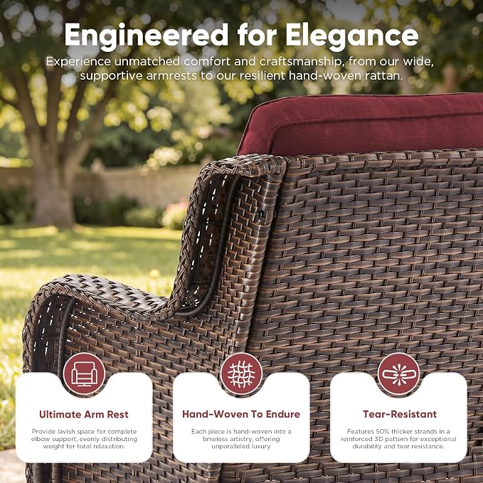 Belord Patio Sofa Luxury PE Wicker 3-Seater Outdoor Couch, Modern All-Weather High Back Deep Seat Woven Furniture Set for Porch, Deck, Balcony, Backyard - Brown/Red