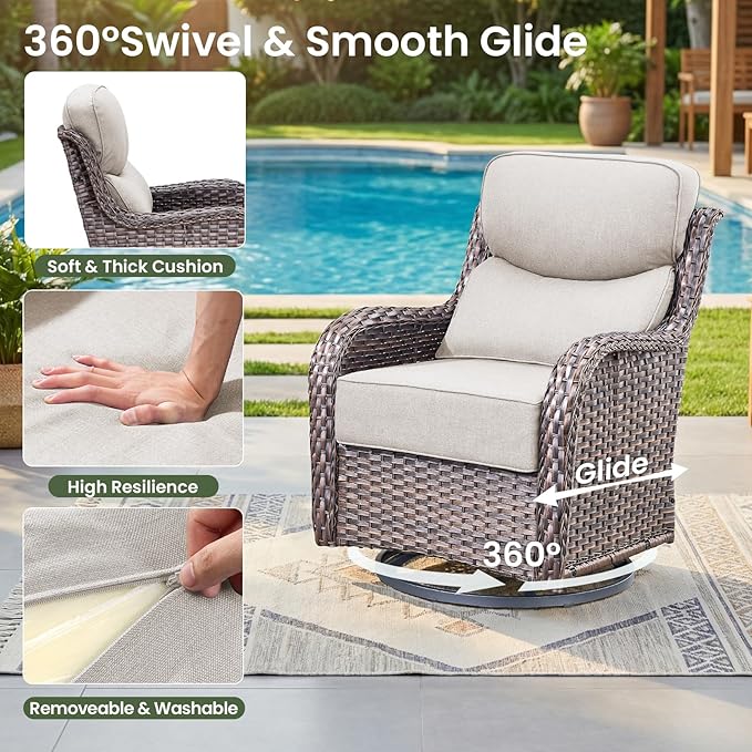 Luxury Patio Furniture Set with 6-inch Thick Cushion, Outdoor Furniture with Fire Pit Table, Swivel Chairs, Sofa, Side Table, Ottomans, 7pcs Wicker Conversation Set (Brown Wicker | Beige Cushion)