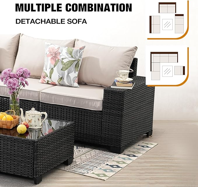 JOYURE 7 Pieces Patio Furniture Set All-Weather Outdoor Wicker Sectional Conversation Sofa Rattan Patio Seating Sofa with Cushion and Glass Table and Ottoman for Porch,Beige