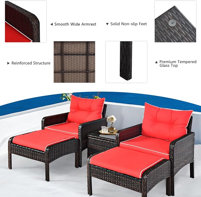 DORTALA 5 Pieces Patio Furniture Set, Outdoor Rattan Conversation Set with Cushions, Glass Table, Ottomans & Chairs, Wicker Sofa Set Backyard Porch Garden Balcony, Red