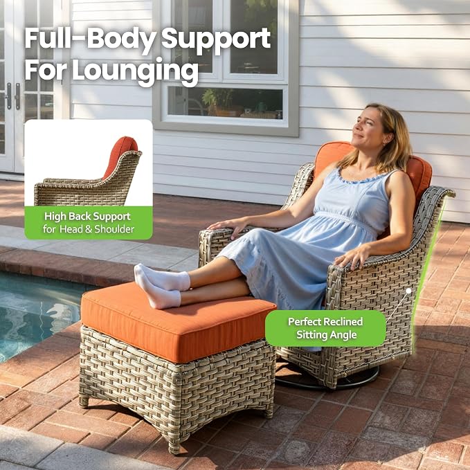 5 Pieces Patio Conversation Set,Wicker Swivel Rocking Chair and Coffee Table,All Weather Rattan Patio Furniture Set for Garden,Backyard,Poolside and Patio,Bold Orange