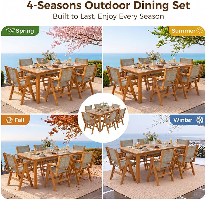 Outdoor Dining Table Set, 7 Piece HDPE Patio Set with Aluminum Dining Table & 6 Textilene Chairs, 69" Outdoor Table with Umbrella Hole for Garden, Deck, Lawn, Teak