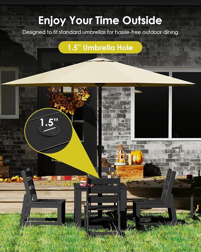 GREENVINES 5-Piece-Outdoor-Dining-Set | HDPE | Square | Patio Furniture | Table and Chairs Sets for 4 | All Weather | Armless Chair | Umbrella Hole | for Backyard Poolside Garden | Black
