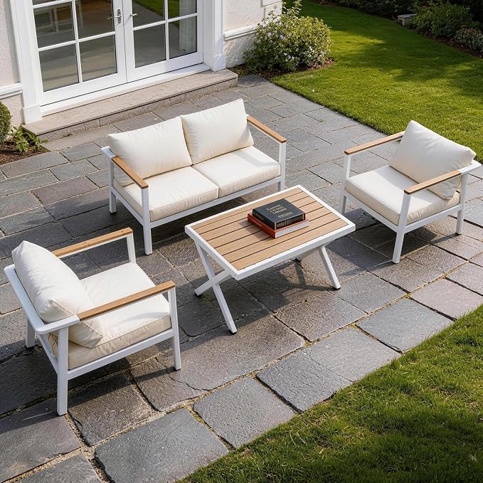 Aluminum Patio Sectional Furniture Set,4 piece Patio Conversation Sets Outdoor Patio Furniture Set Sofa with Coffee Table & Washable Cushions White