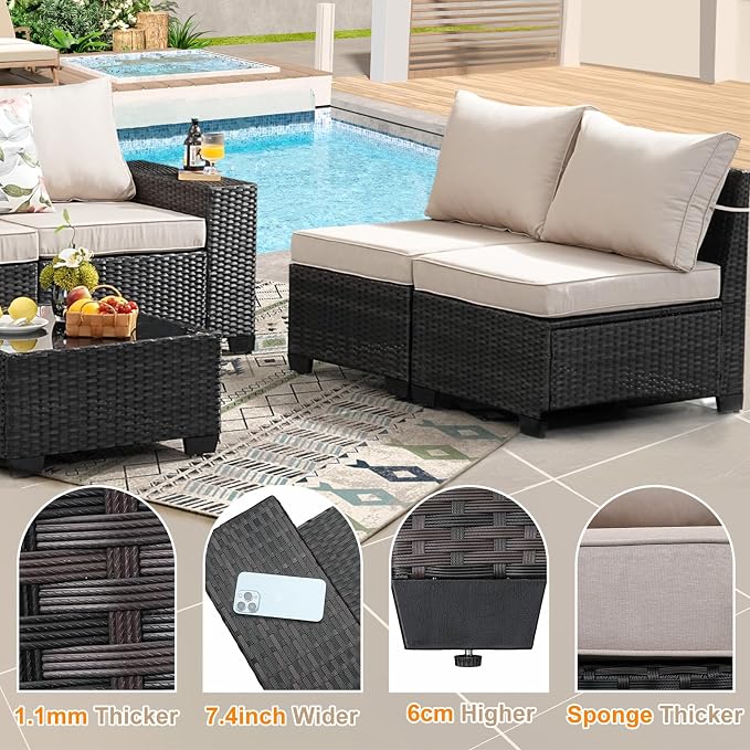7-Piece Outdoor Patio Furniture Set, Modular Wicker Sectional Sofa with Thick Cushions & Coffee Table, All-Weather Rattan Conversation Set for Backyard, Porch, Poolside, Beige
