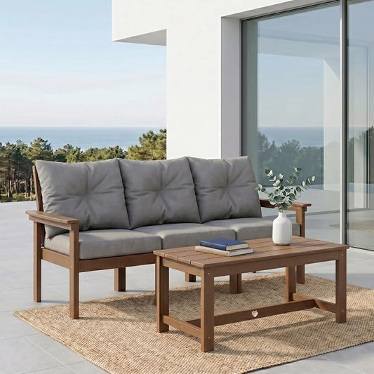 HDPE 4 Piece Patio Furniture Set, All-Weather Outdoor Couch with Thick Cushions & Coffee Table, Patio Conversation Sets for Lawn, Garden, Porch, Balcony, Deck, Poolside,Teak Frame Grey Cushion