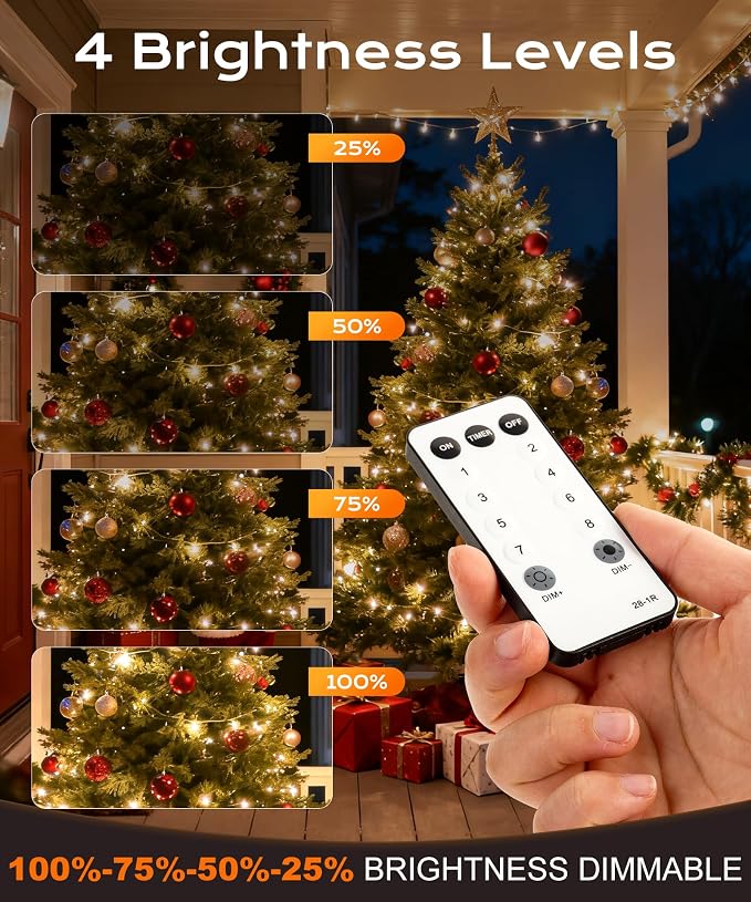 66ft 100 LED Warm White Christmas Fairy String Lights, Remote | 8 modes with timer function; perfect for indoor or outdoor house, bedroom & room aesthetic decoration or holiday party decor.