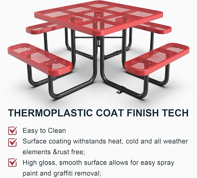 KEIKI 76.6" Heavy-Duty Steel Outdoor Picnic Table w/1.9" Umbrella Hole, Square Patio Dining Table for 4–8 People, Weather-Resistant Coated Metal Frame, Sturdy Thick Legs for Backyard, Park, Red