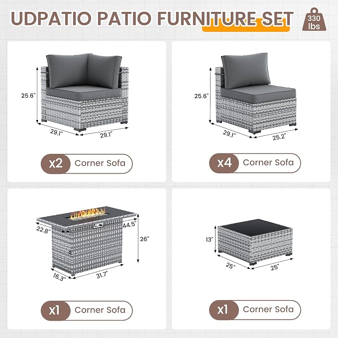 UDPATIO Patio Furniture Set with 44'' Fire Pit Table, 8 PCS Outdoor Sectional Furniture Sets, Outdoor Conversation Set PE Rattan Sofa for Backyard W/Coffee Table (Grey Cushions with Grey Rattan)