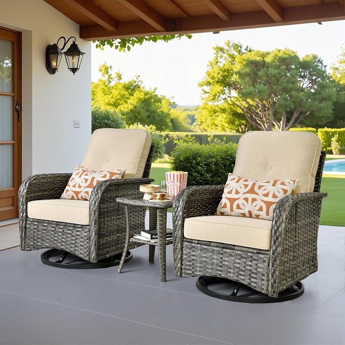 8 Piece Patio Swivel Rocker Chairs Set with Side Table, Beige | High Back Deep Seating, All Weather Wicker, Outdoor Glider Chair Set, Porch Deck Backyard Balcony Furniture